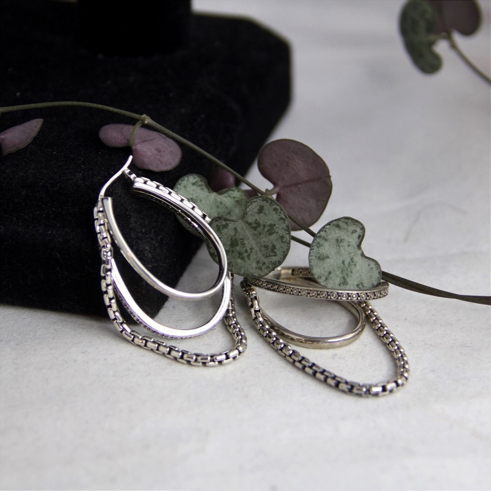 JAI John Hardy Sterling Silver Multi Hoop Box Chain Dangle Earrings 925